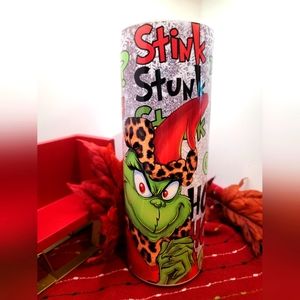 GRINCH  Leopard Print Tumbler 20 oz Stain. Steel Cup w Lid (glitter background)
